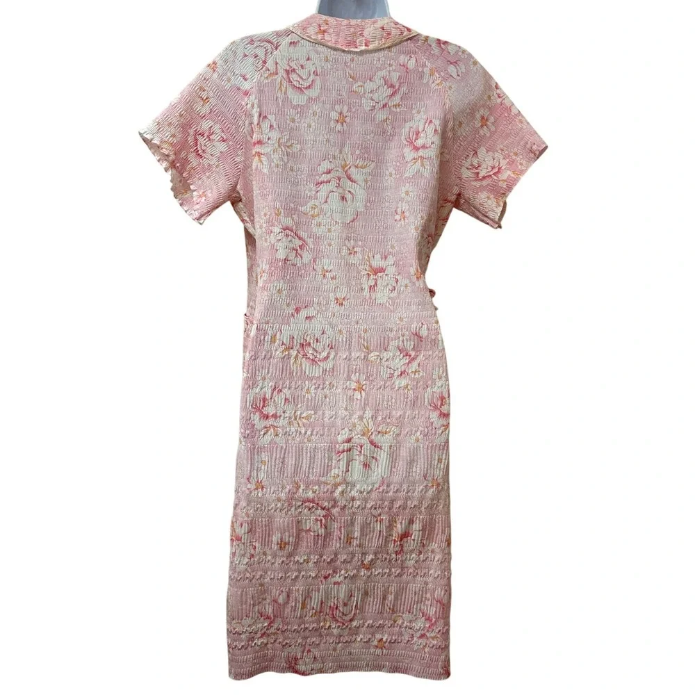 Miss and Mrs Vintage Pink Floral Seersucker Wrap Robe Housecoat Lace Trim Size M
